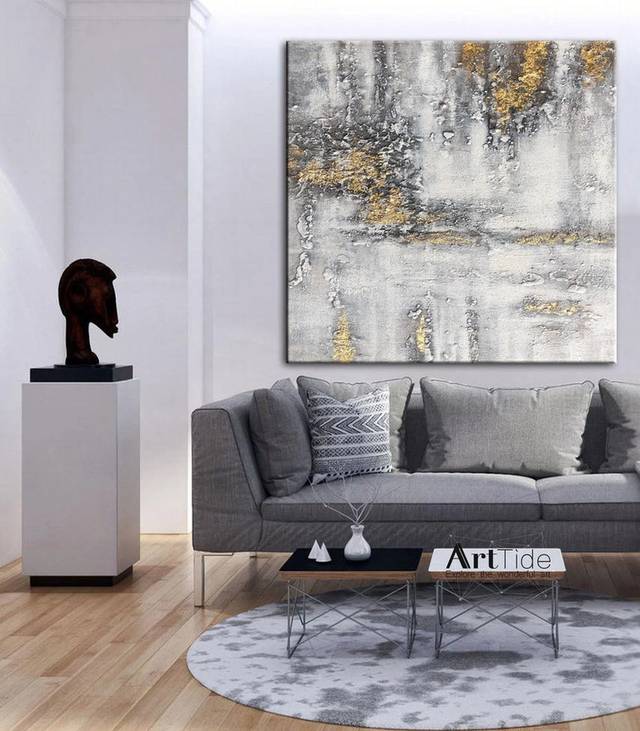 Grey Hand-painted Handmade Leaf Contemporary Abstract Canvas Artwork V7AYK